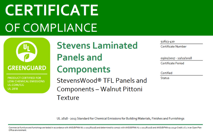 UL GREENGUARD Gold Certification for StevensWOOD | Stevens Industries, Inc.